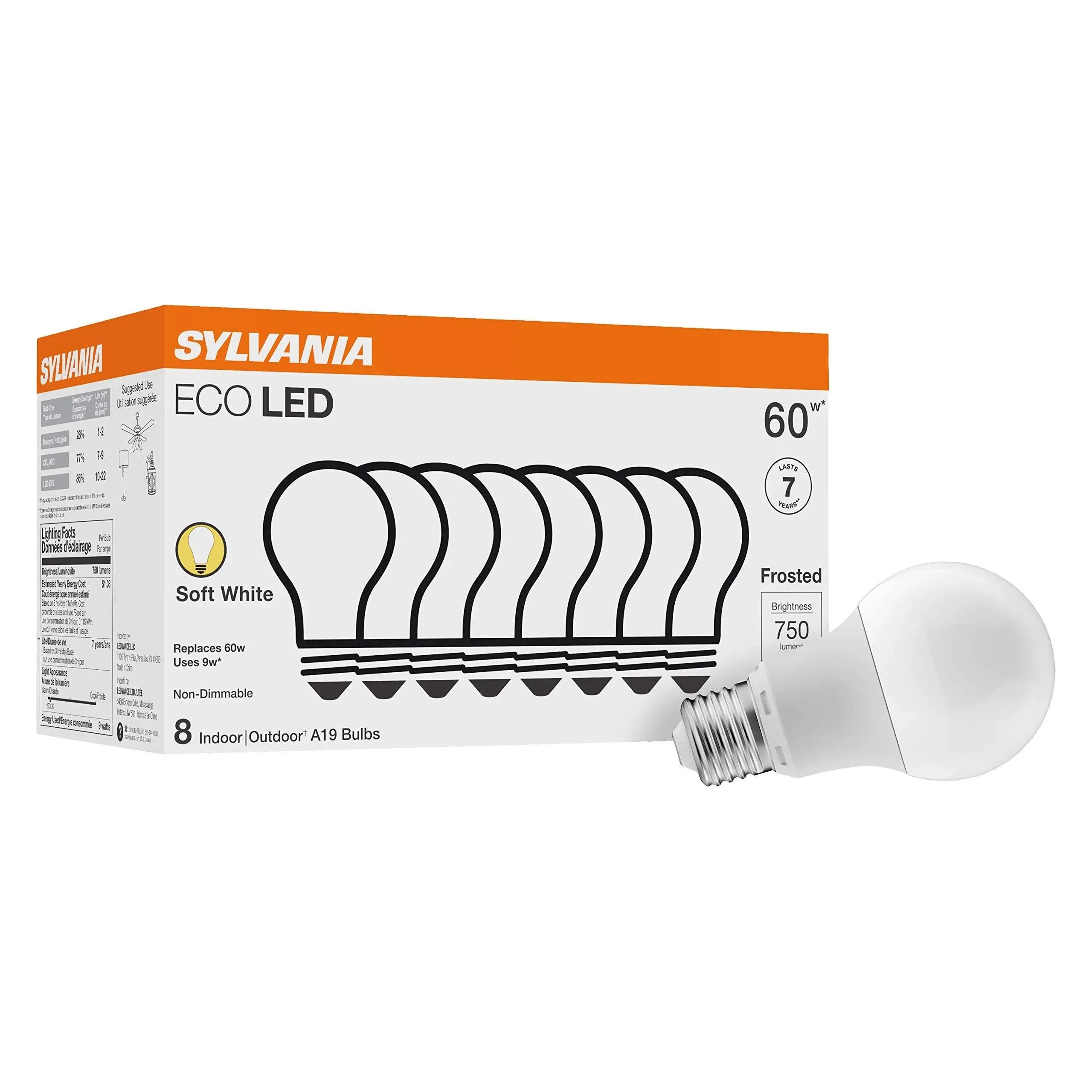 LEDVANCE ECOLED9A19F8277YVRP8 9W Sylvania Eco LED A19