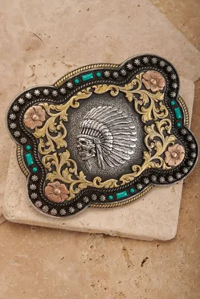 Nocona Indian Chief Skull Floral Scroll Belt Buckle