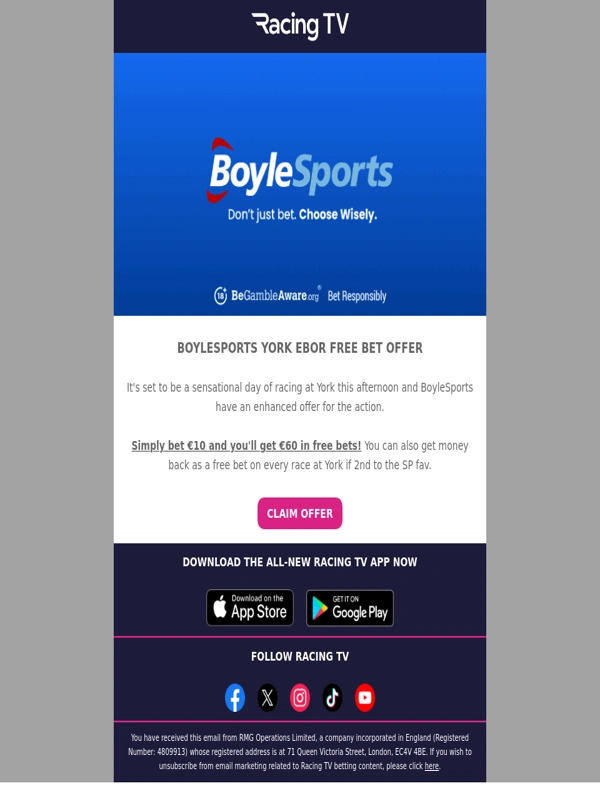 Racing TV - €60 in free bets for York from BoyleSports