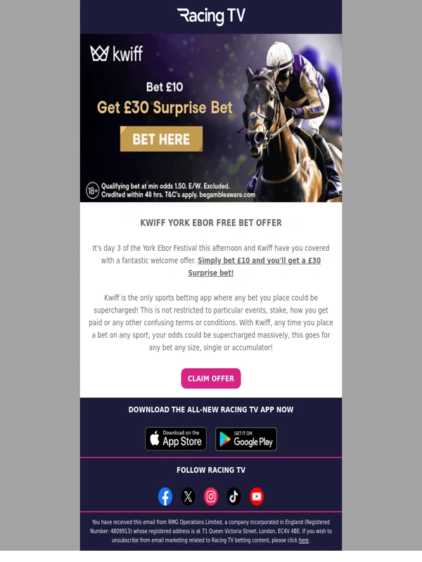 Racing TV - £30 free bet for York Ebor Festival