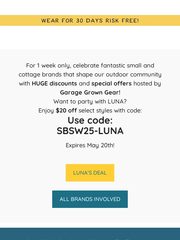 Luna Sandals - $20 Off Select LUNAs for 7 days