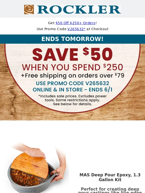 Rockler - Last Chance: $50 Off $250 Ends Tomorrow!