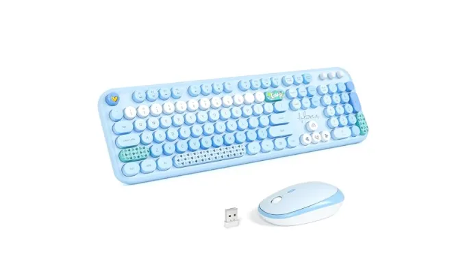KNOWSQT Wireless Keyboard and Mouse Combo – Lovely Blue Rainbow Full-Sized Typewriter Colorful Keyboards, Round Keycap USB Plug Play Retro Cute Keyboards for Windows, Laptop, PC, Desktop, Computer
