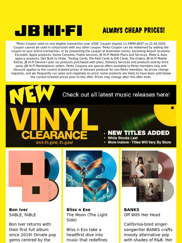 JB HI-FI - Vinyl Clearance,more titles added + Check out the latest music releases!