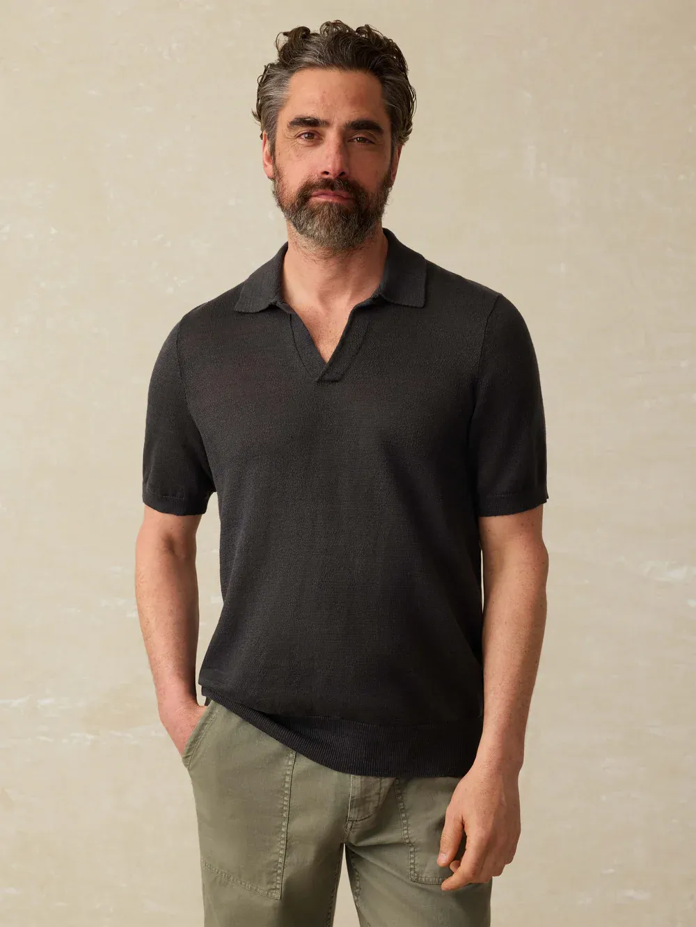 Short-Sleeve Linen Sweater Polo - Mountain Black