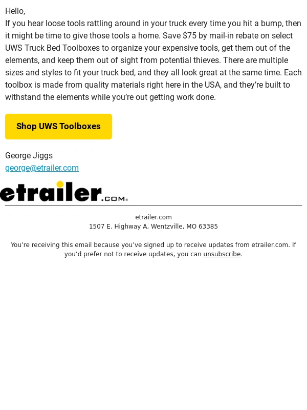 etrailer.com - Save $75 and Give Your Tools a Home