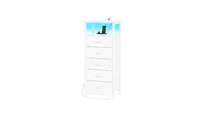 Yoobure 5 Drawers Dresser for Bedroom, Tall Nightstand with Charging Station, Fabric Dresser for Closet with Storage Shelf, Vertical Dressers Chest LED Night Stand, Bedside Table for Dorm Living Room