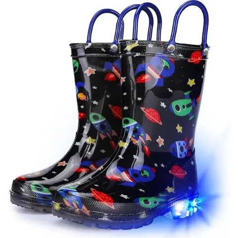 Toddler Rain Boots Boys Rain Boots - Patterns Light Up Kids Rain Boots with Easy-On Handles Lightwight Waterproof Rain Shoes (Toddler/Little/Big kids)