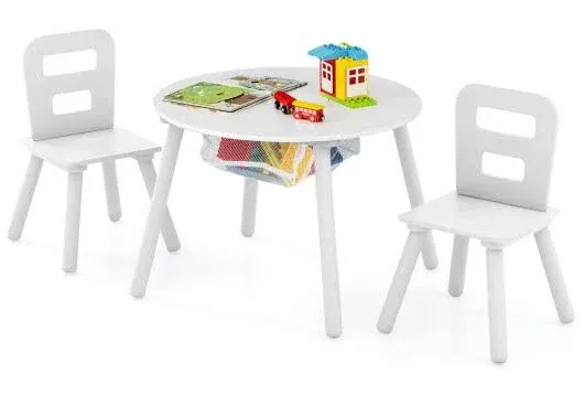 Costway Kids Wooden Round Table and 2 Chair Set with Center Mesh Storage