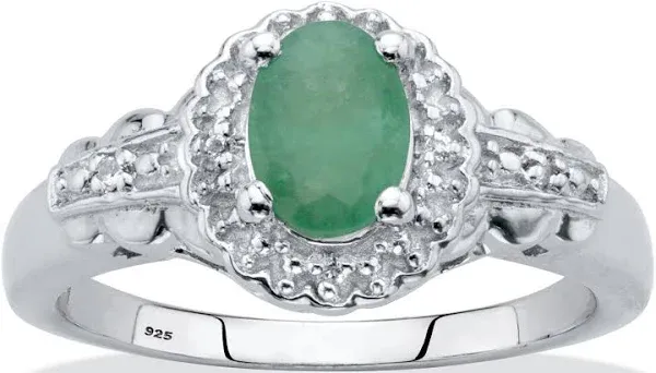 Oval-Cut Genuine Green Emerald and White Topaz Halo Ring .97 TCW Sterling Silver Women's Palmbeach Jewelry