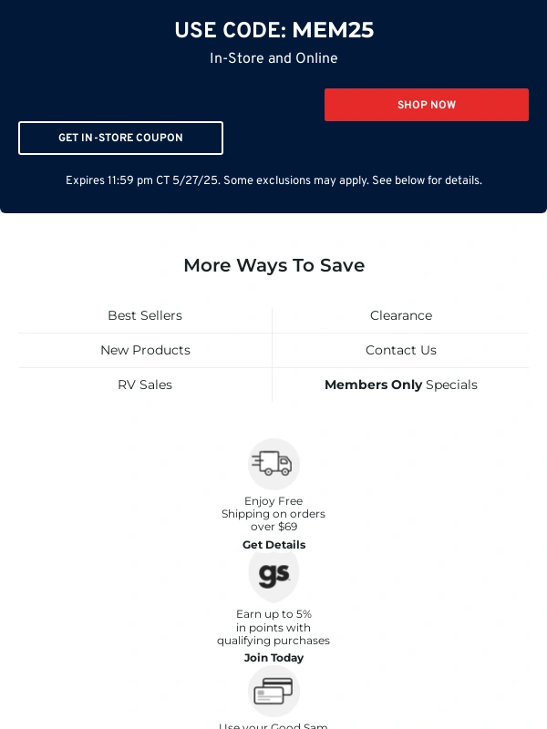 Camping World - LAST CHANCE to save $25 off $150+