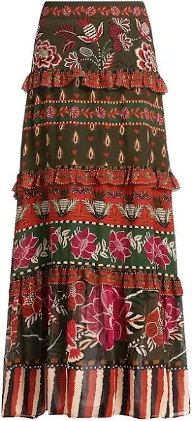 Farm Rio Women's ACTIVE Multicolor Ainika Floral Garden Tiered Maxi Skirt