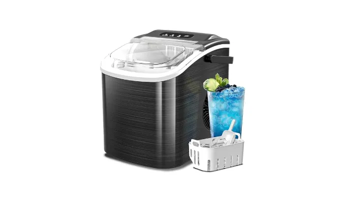 Ice Makers Countertop, Portable Ice Maker Machine with Handle, Self-Cleaning with Basket and Scoop, 9 Bullet Ice Cubes in 6 Mins, 26lbs in 24Hrs for Home, Kitchen, Camping, Party, Bar(Black)