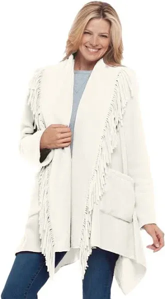 Woman Within Plus Size Fringed Shawl Collar Fleece Jacket