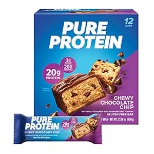 Pure Protein - Protein Bars, 1.76oz (Pack of 12), Low Sugar, Gluten Free, Chewy Chocolate Chip