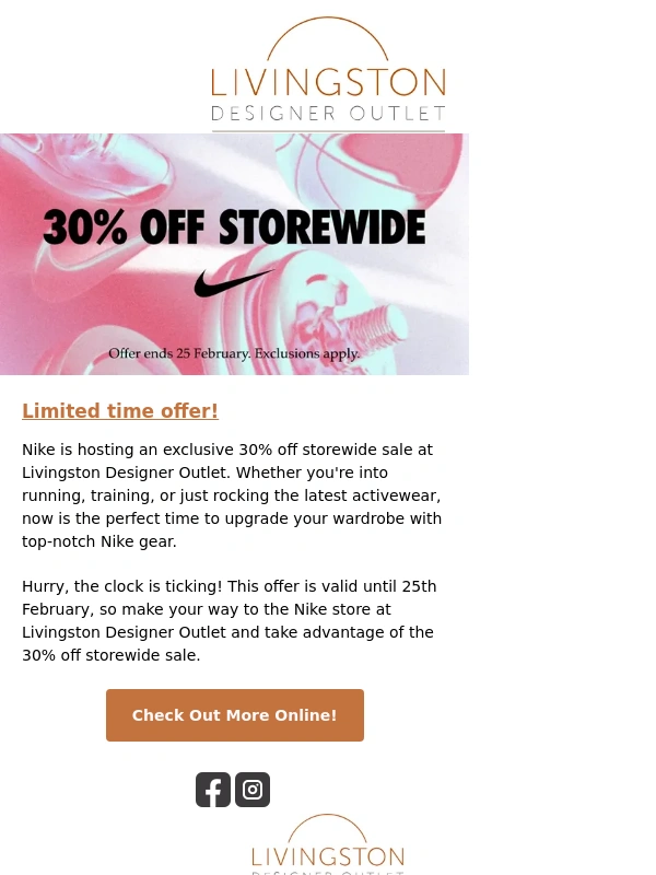 Livingston Designer Outlet - 30% off Nike at Livingston?️