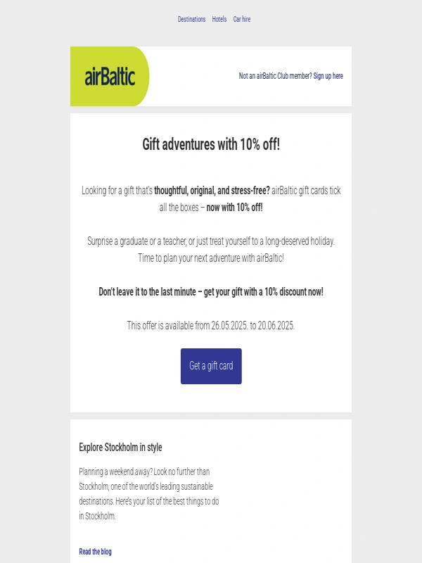 airBaltic - ? 10% off on gift cards for summer escapes