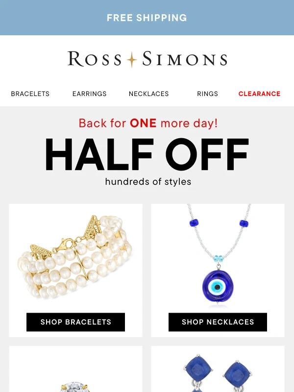 Ross Simons - Surprise ? HALF OFF fine jewelry is back – but only through midnight!