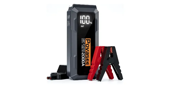 Povasee Jump Starter 2000A Peak Battery Jumper Starter Portable, 12V Car Battery Jump Starter up to 8L Gas or 6.5L Diesel Engine Battery Jump Box with 3″ LCD Display Power Bank/Dual Output/LED Light