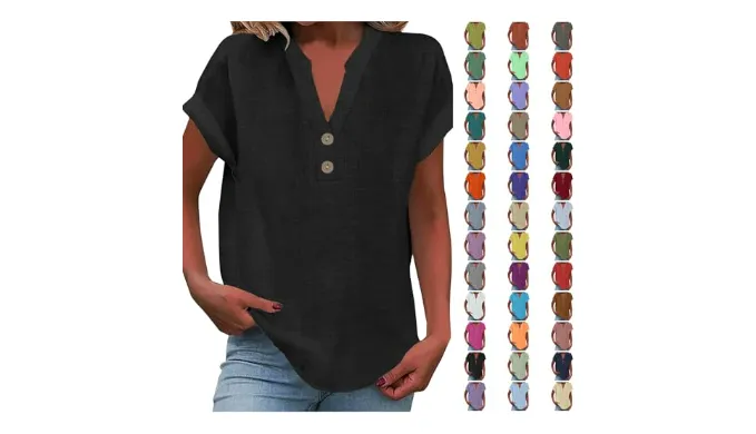 Womens Cotton Linen Tops Dressy Casual Short Sleeve Blouses V Neck Shirts 2025 Trendy Summer Loose Fit Work Tees Black