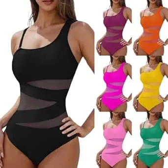 Womens One Piece Swimsuits Full Coverage Beach Bathing Suit Mesh Sheer Pure Sleeveless Tummy Control Swimwear
