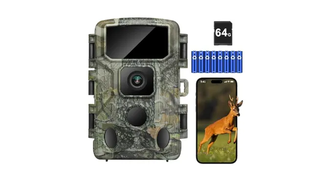 KJK Trail Camera,WiFi Trail Cam 4K 64MP Game Camera 64GB Memory Card 8 Batteries with Night Vision, IP67 Waterproof, 0.05s Trigger Speed and130°Wide-Angle 45pcs Infrared LEDs for Wildlife Monitoring