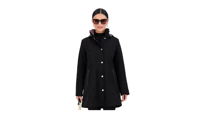 Jones New York Long Rain Jacket Women – Rain Coats Women – Cute Warm Womens Rain Jacket – Black/Taupe – Small