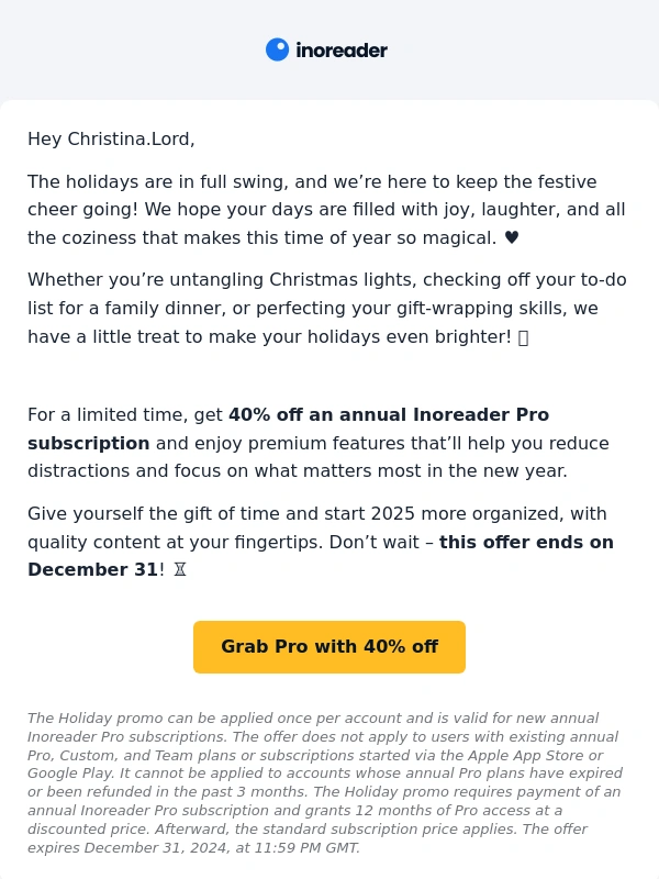 Inoreader - Our gift to you: Grab 40% off Inoreader Pro! ?
