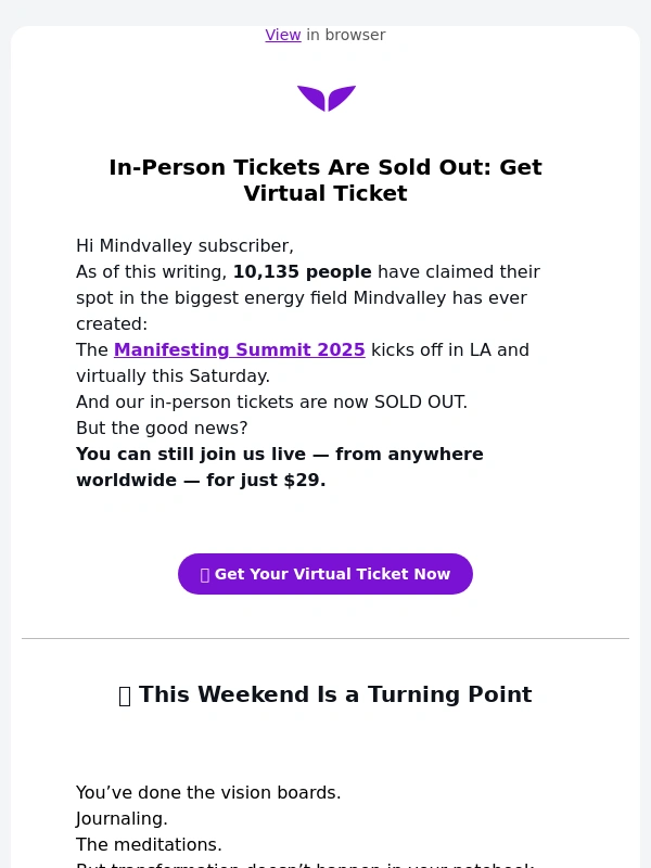 Mindvalley - Mindvalley subscriber,In-person tickets for Manifesting Summit in LA Sold Out
