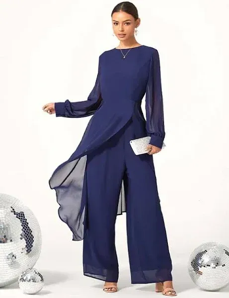 Women's Wedding Guest Jumpsuit Elegant Navy Blue Long Sheer Sleeve Wide Leg Chic Evening Party Wear Round Neckline Spring Summer Fall 2025 - $59.99