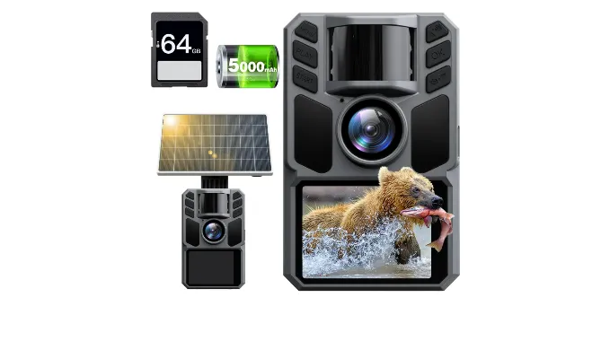 FKPCAM Trail Camera 4K 64MP with 5000mAh Rechargeable Battery 64GB Micro Memory Card IP67 Waterproof, Night Vision, Motion Activated, Solar Powered Wildlife Hunting Camera for Outdoor