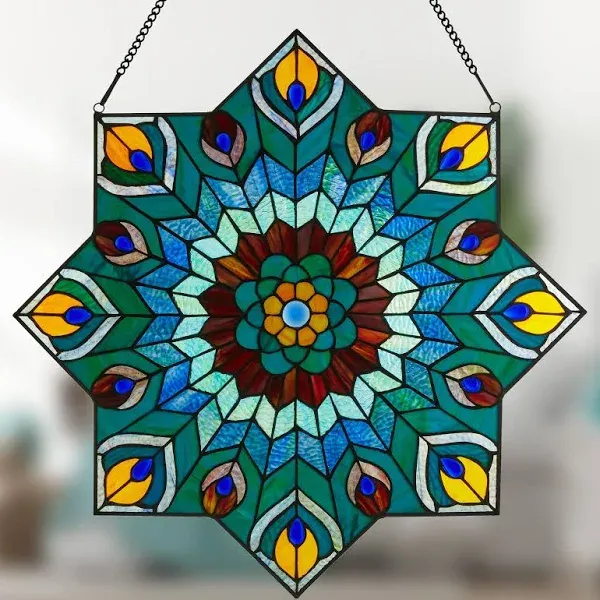 River of Goods Peacock Star Stained Glass Window Panel
