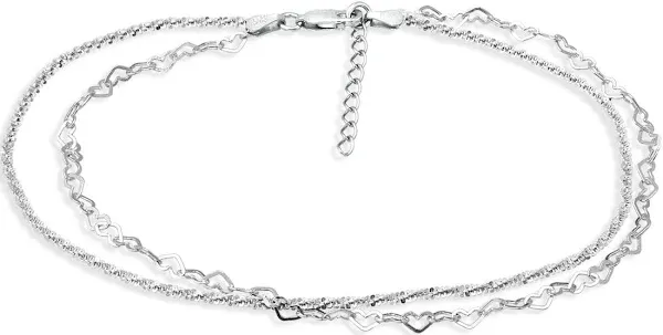 Aqua Sterling Silver Double Row Heart Link & Diamond Cut Rope Chain Anklet