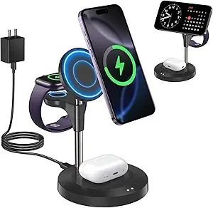 Aeinidi 3 in 1 Wireless Charging Station for Multiple Devices Apple, 15W Fast Magnetic Mag-Safe Charger Stand for iPhone 16 15 14 13 12 Pro Max Plus Mini Apple Watch AirPods Pro 4 3 2, Black