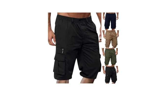 Juebong Men Casual Solid Shorts with Multi-Pocket Button Zipper Elastic Waist Short Pants Fashion Half Pants Mid-Calf Pants Cargo Pant for Man 2025 Summer Outfits Clothes Boys Biker Trendy Plus Size