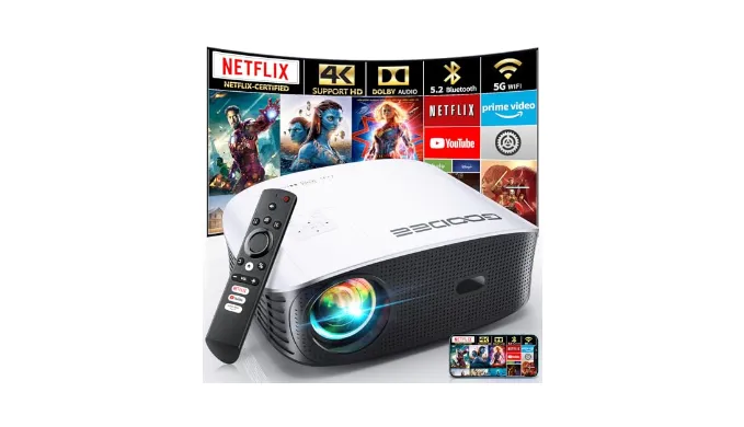 GooDee Smart 4K Projector with 5G WIFI and Bluetooth, Netflix/Amazn Prime Video Certified, Dolby Audio, 800ANSI Outdoor Projector, 400″ Zoom Home Theater Projector Compatible with TV Stick,iOS,Android