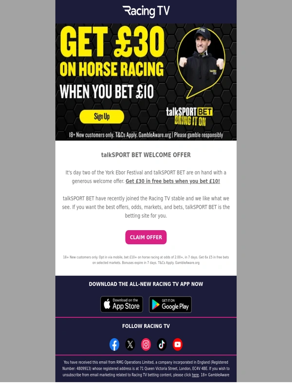 Racing TV - Get £30 in free bets from talkSPORT BET