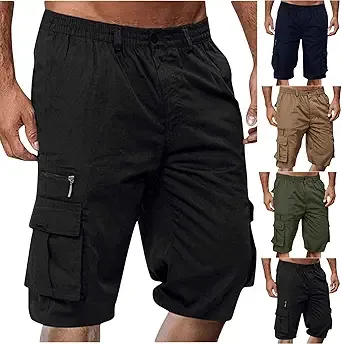 Juebong Men Casual Solid Shorts with Multi-Pocket Button Zipper Elastic Waist Short Pants Fashion Half Pants Mid-Calf Pants Cargo Pant for Man 2025 Summer Outfits Clothes Boys Biker Trendy Plus Size