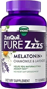 ZzzQuil ZzzQuil PURE Zzzs Melatonin Sleep Aid Gummies, Helps You Fall Asleep Naturally, Wildberry Vanilla Flavor, Chamomile Lavender & Valerian Root, 1mg per gummy, 72 Count