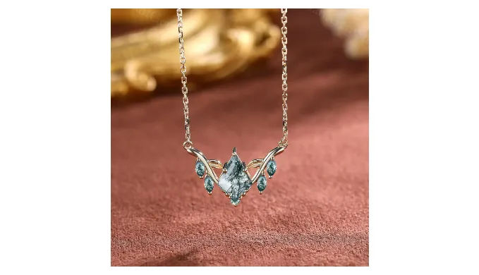 Natural Moss Agate Necklace Natural Inspired Leaf Charm Necklace