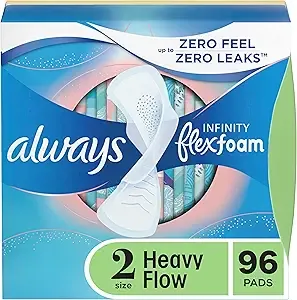 Always Infinity Feminine Pads for Women, Flexfoam Pads with Wings, Size 2, Heavy Absorbency, Unscented, 96 Count (Packaging May Vary)