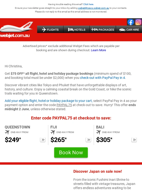 Webjet - $75 OFF^ flights,hotels,and holiday packages when you check-out with PayPal Pay in 4!