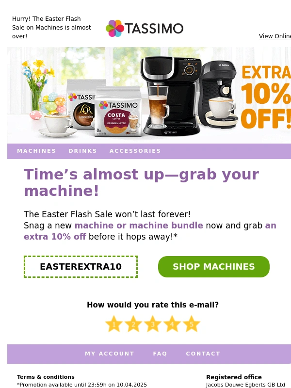 Tassimo - Last hours to save—Extra 10% off machines!