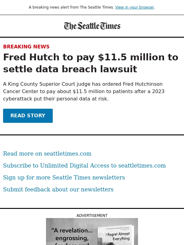 Seattle Times - Fred Hutch ordered to pay $11.5M over data breach