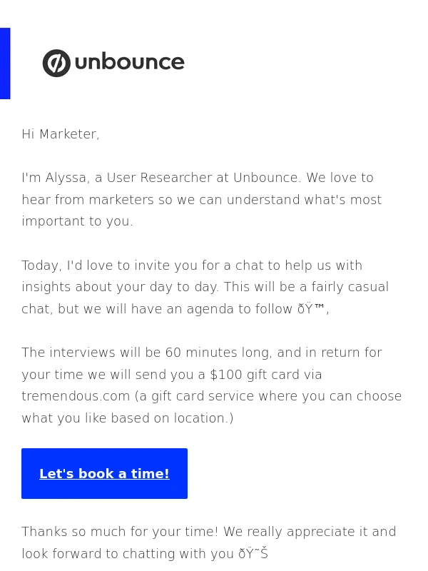 Unbounce - Get a $100 gift card AND have your voice heard for your time!