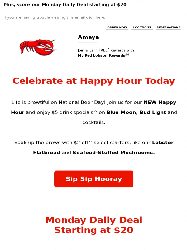 Red Lobster - Happy Hour on National Beer Day. Say less ?