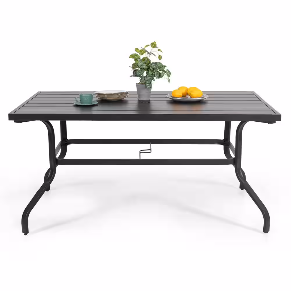 Nuu Garden Black Rectangle Metal Outdoor Patio Dining Table with Umbrella Hole