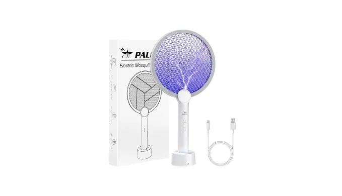 Electric Fly Swatter, 4000V Bug Zapper Racket, 2 in 1 Indoor Outdoor Mosquito Killer with 3-Layer Safety Mesh, Fly Zapper Racket with USB Rechargeable Base for Pest Insect Control 1 Pack