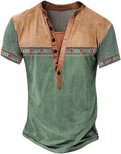 Men's Tribal T Shirt Henley Shirt Tee Short Sleeve Designer Basic Bohemian Outdoor Casual Daily Summer Lake Blue Light Green Light Blue Khaki Henley H