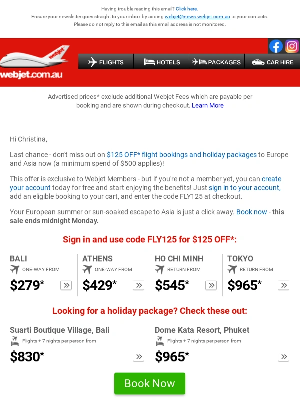Webjet - Ends midnight Monday: $125 OFF* Europe & Asia flight bookings!
